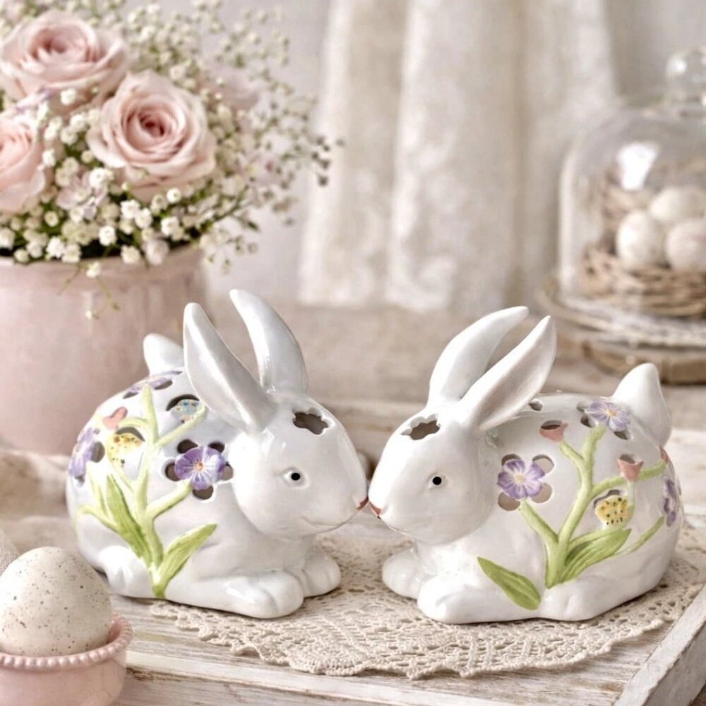 2 Hand Painted Porcelain Rabbit-Bunny Figurines with Lights‎ Easter So Pretty !